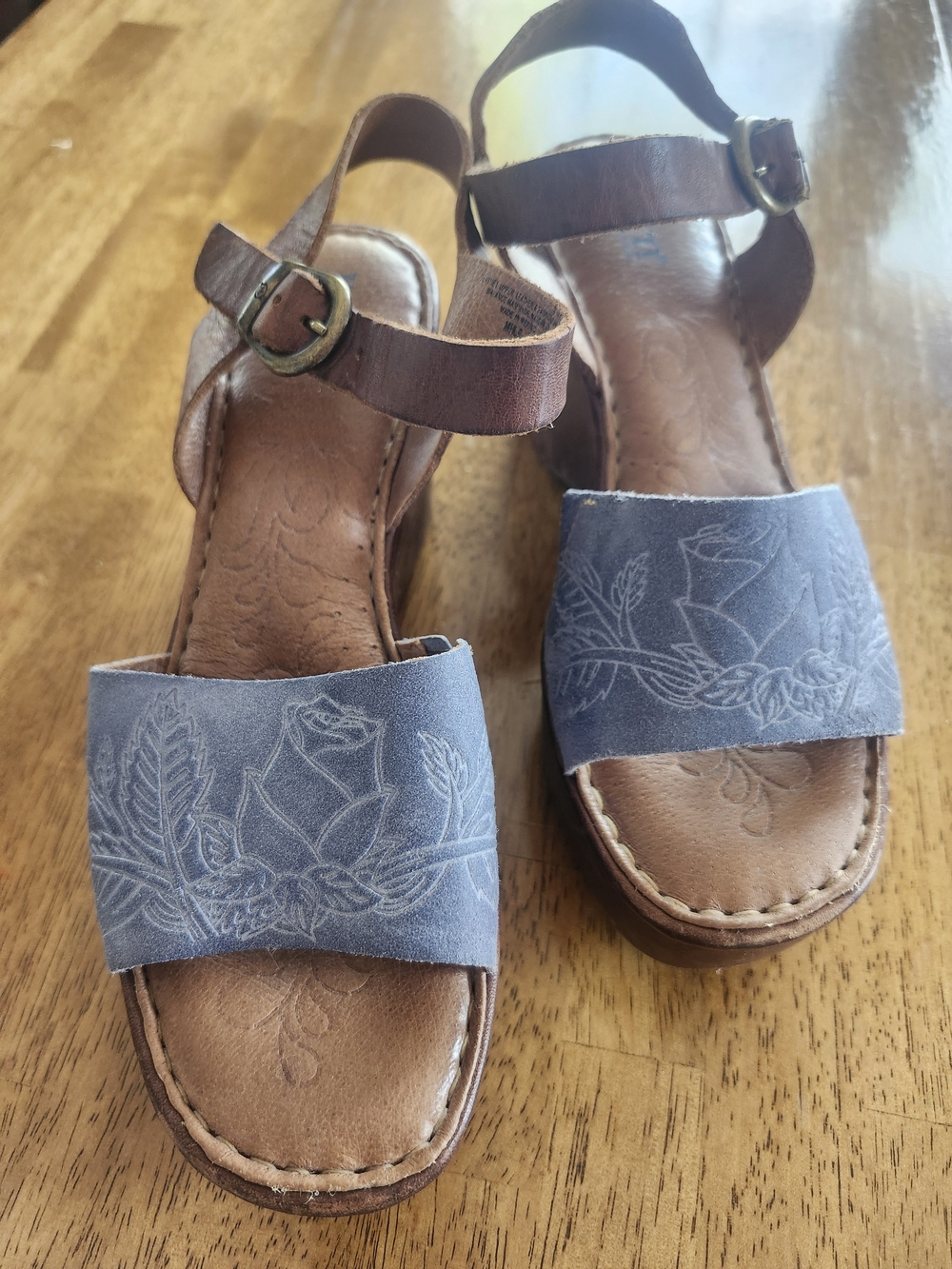 Born Blue Suede Floral Strap Brown Leather Sandals